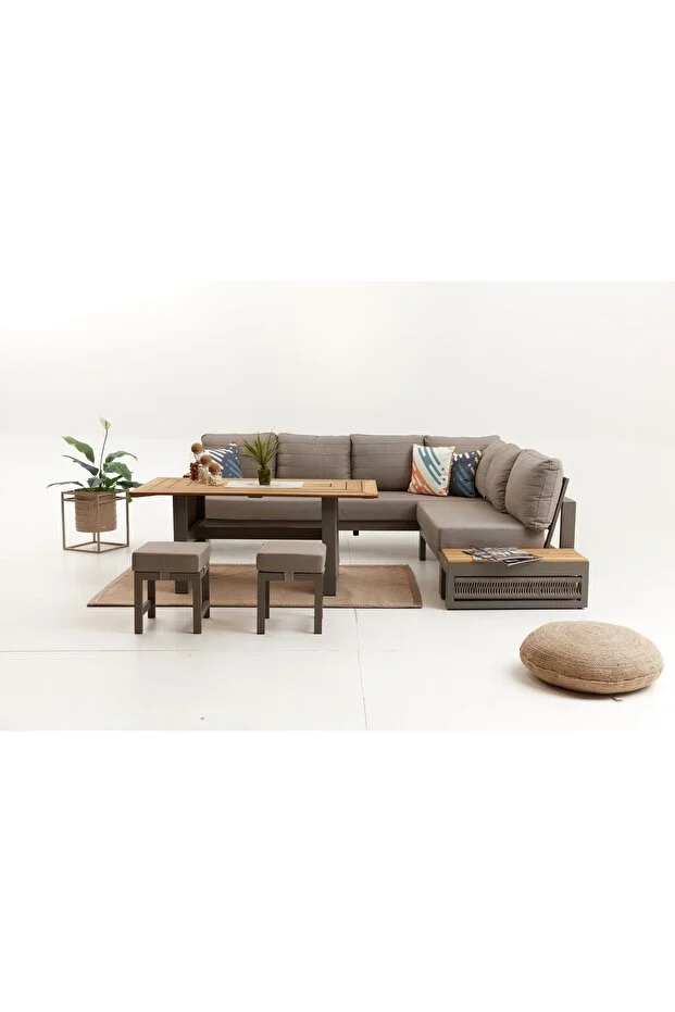 Alex Alüminyum Bahçe Balkon Köşe Takımı -cappucino (MASA TABLASI DÜZ KESİM OLARAK GELMEKTEDİR)